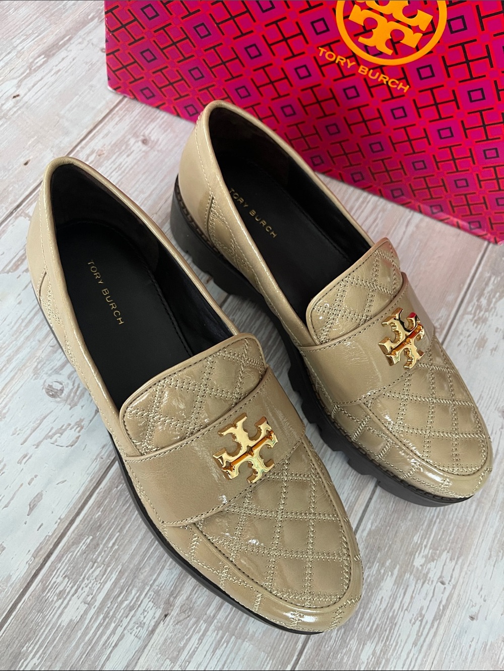 $685 NEW Tory Burch Mini Every Chunky Loafer Size 8.5 Beige Nude Quilted TB logo - Picture 7 of 16